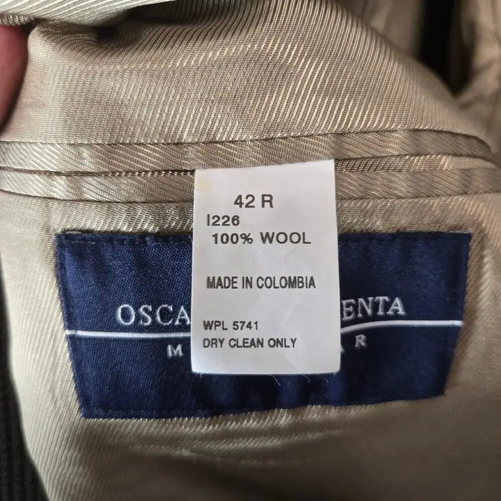 Oscar De La Renta Mens 42R Brown Houndstooth Check Blazer Tweed Wool Sport Coat